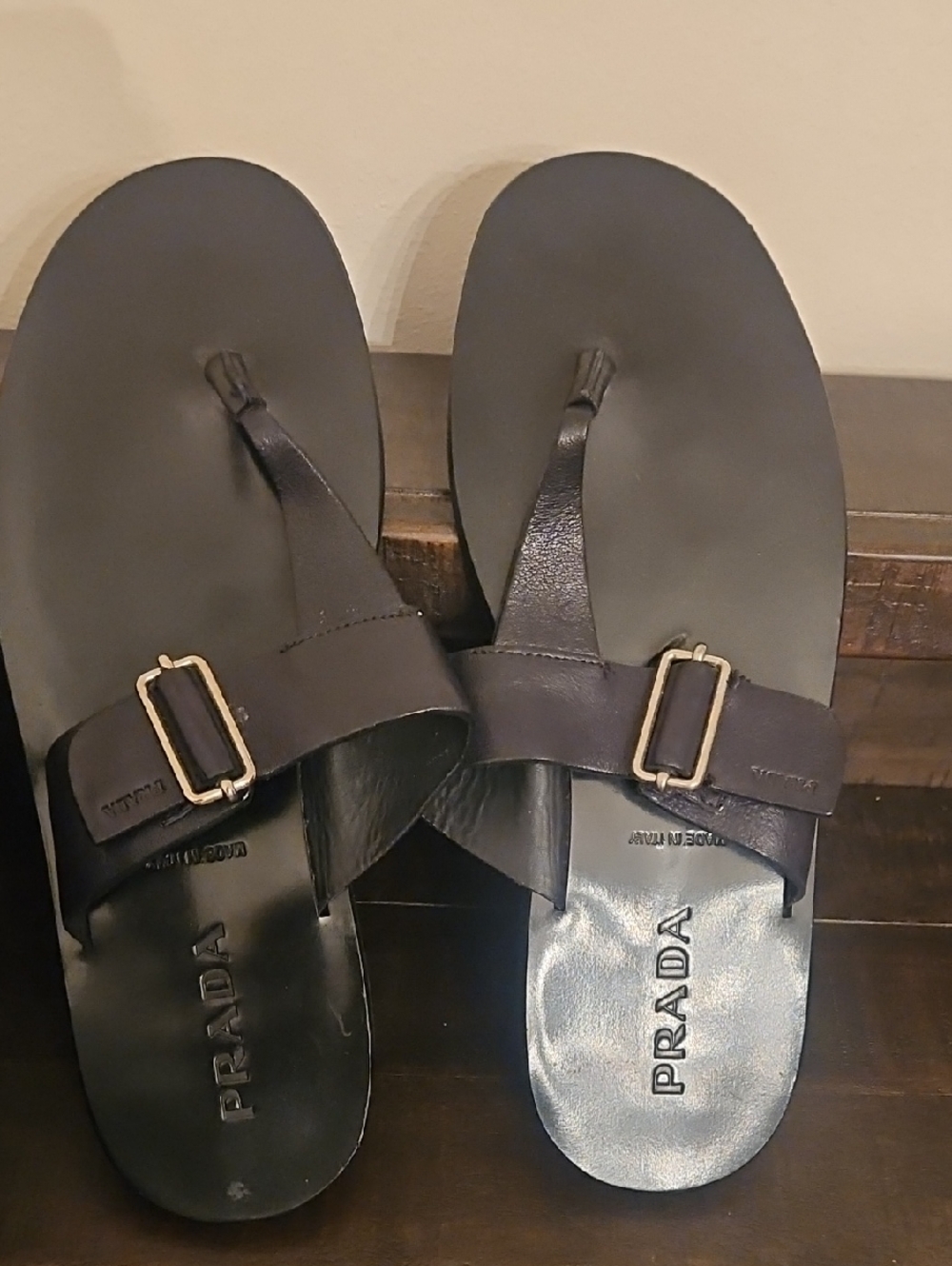 Prada Black Leather Buckle Thong Sandals